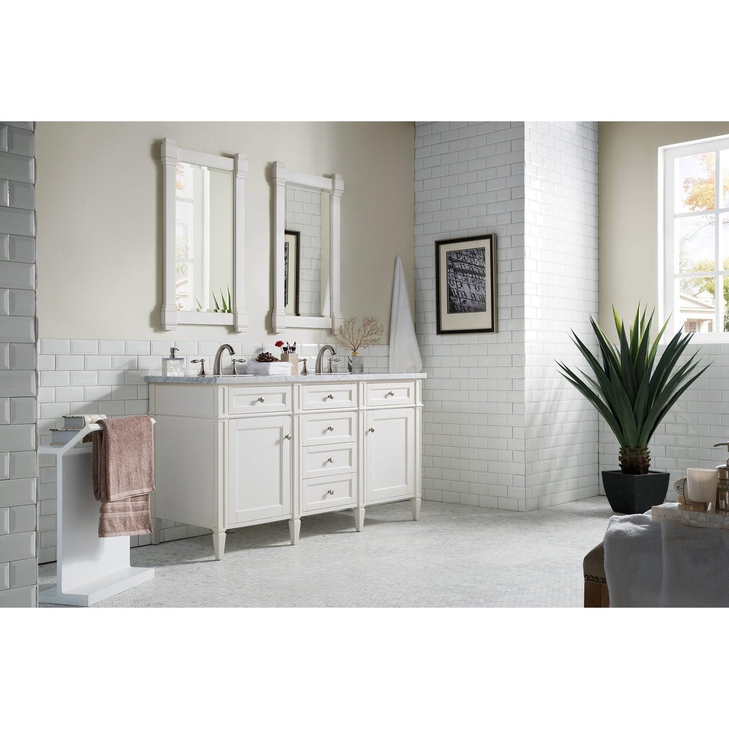 James Martin Vanities Brittany 60" Bright White Double Vanity With 3cm Carrara Marble Top