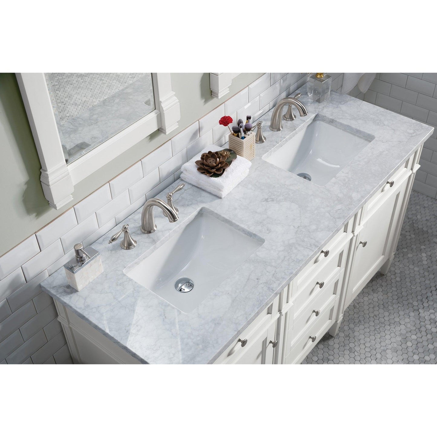 James Martin Vanities Brittany 60" Bright White Double Vanity With 3cm Carrara Marble Top
