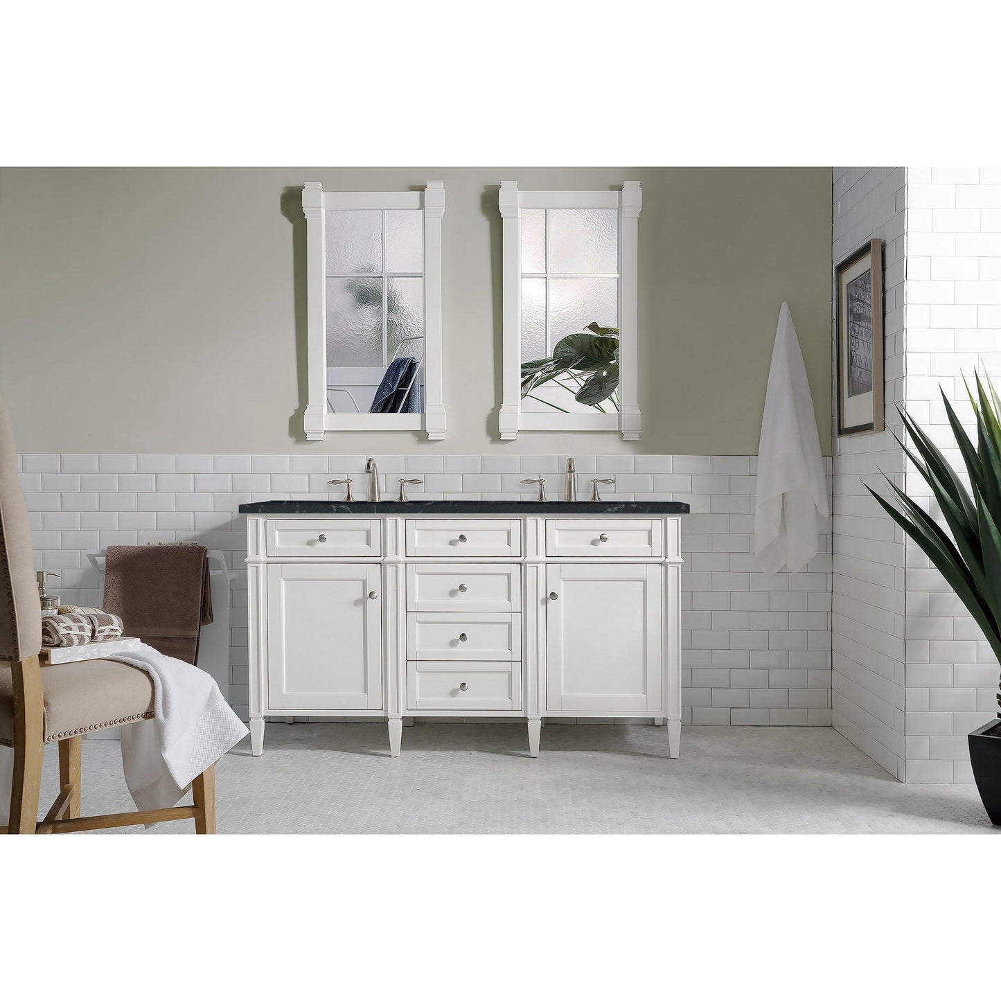 James Martin Vanities Brittany 60" Bright White Double Vanity With 3cm Charcoal Soapstone Quartz Top