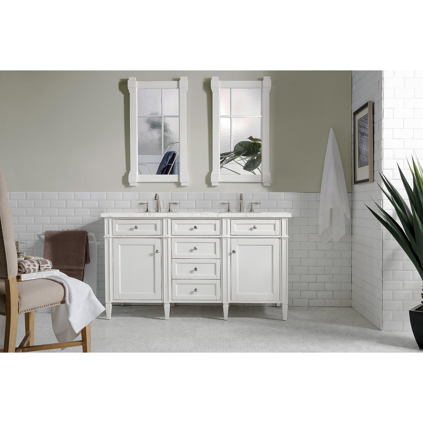 James Martin Vanities Brittany 60" Bright White Double Vanity With 3cm Eternal Jasmine Pearl Quartz Top