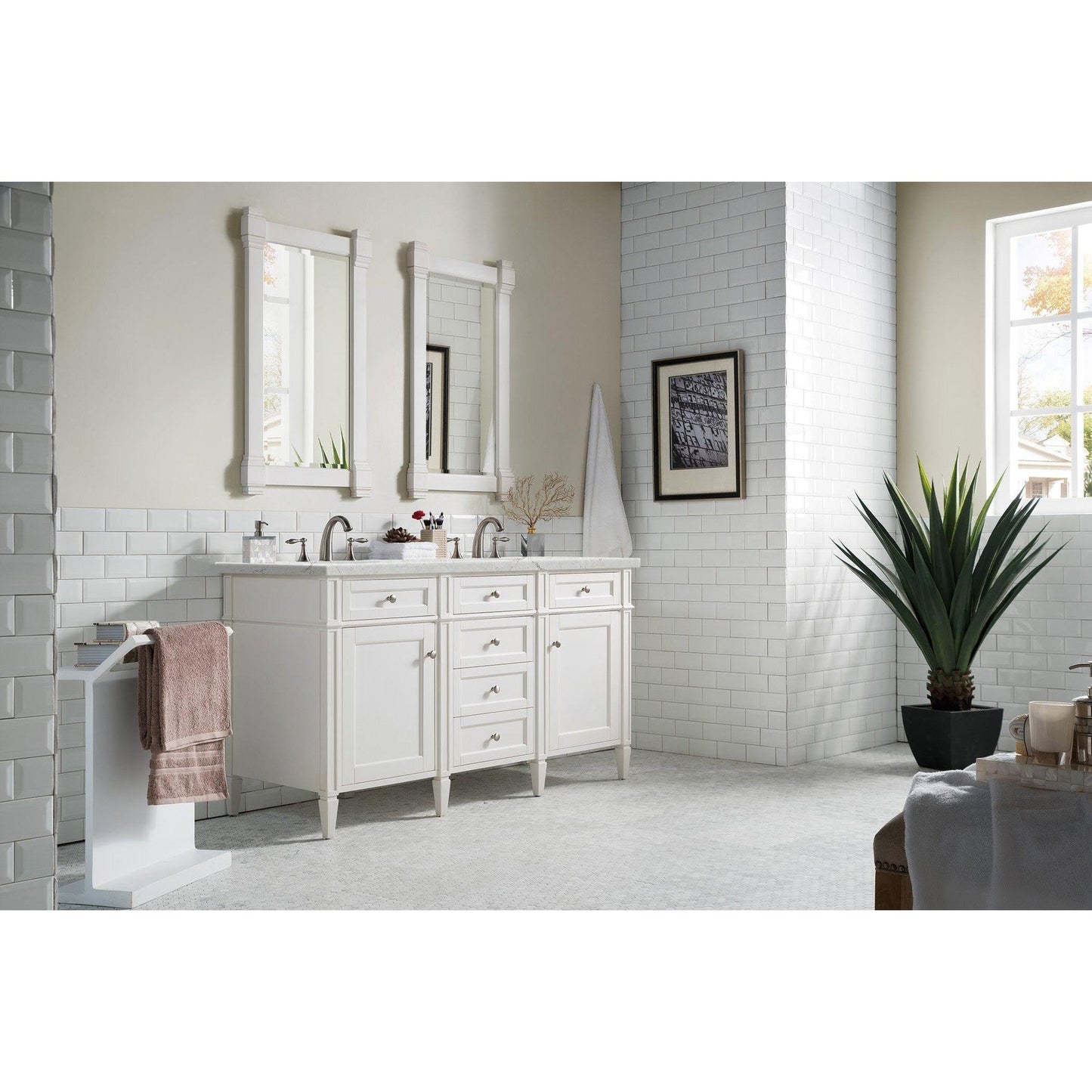 James Martin Vanities Brittany 60" Bright White Double Vanity With 3cm Eternal Jasmine Pearl Quartz Top