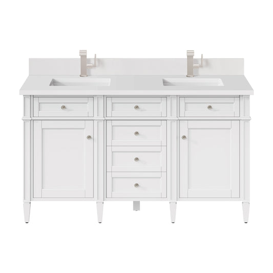 James Martin Vanities Brittany 60" Bright White Double Vanity With Single Hole 3 cm White Zeus Quartz Top & Backsplash