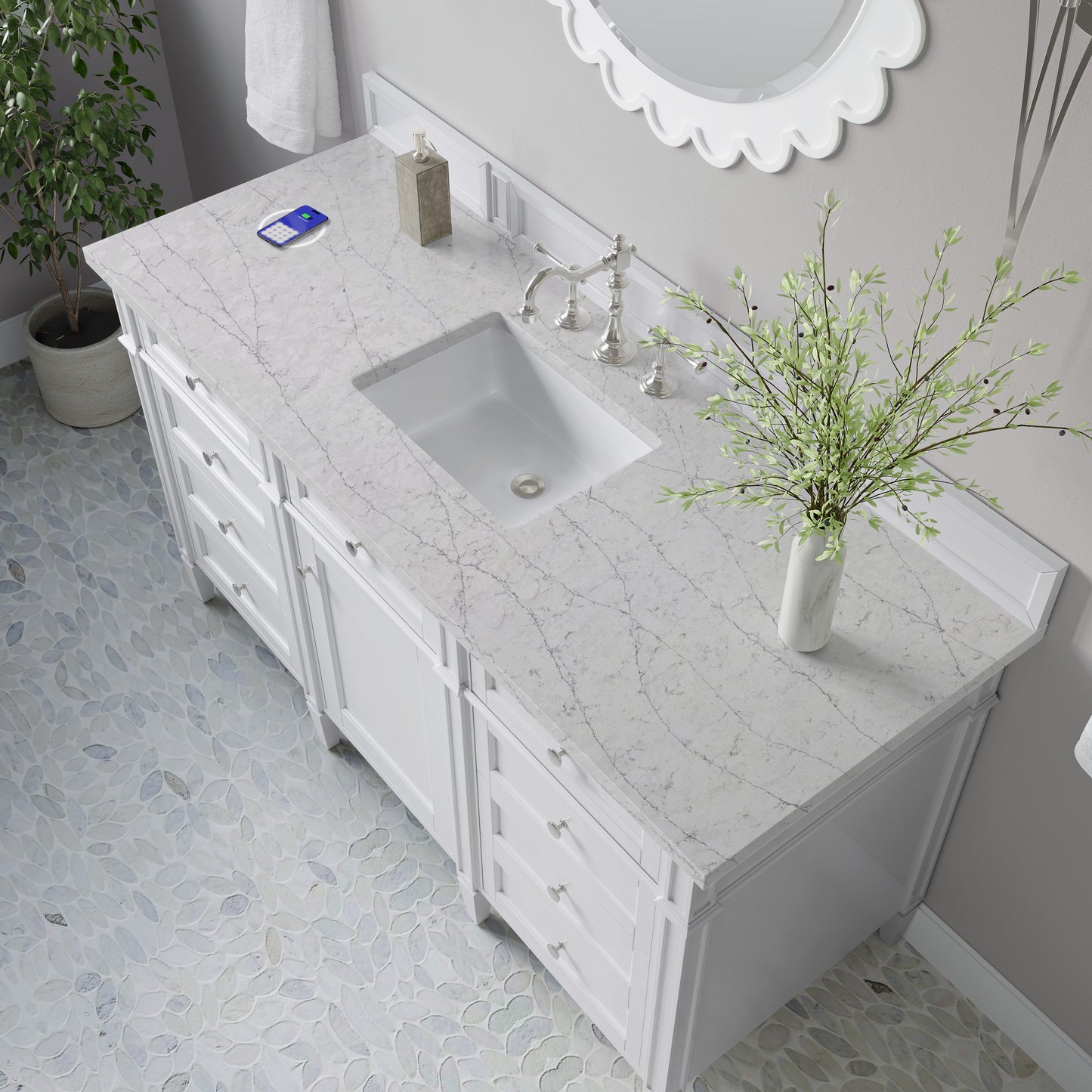James Martin Vanities Brittany 60" Bright White Single Vanity With 3 cm Eternal Jasmine Pearl Silestone Top and FreePower Wireless Charger