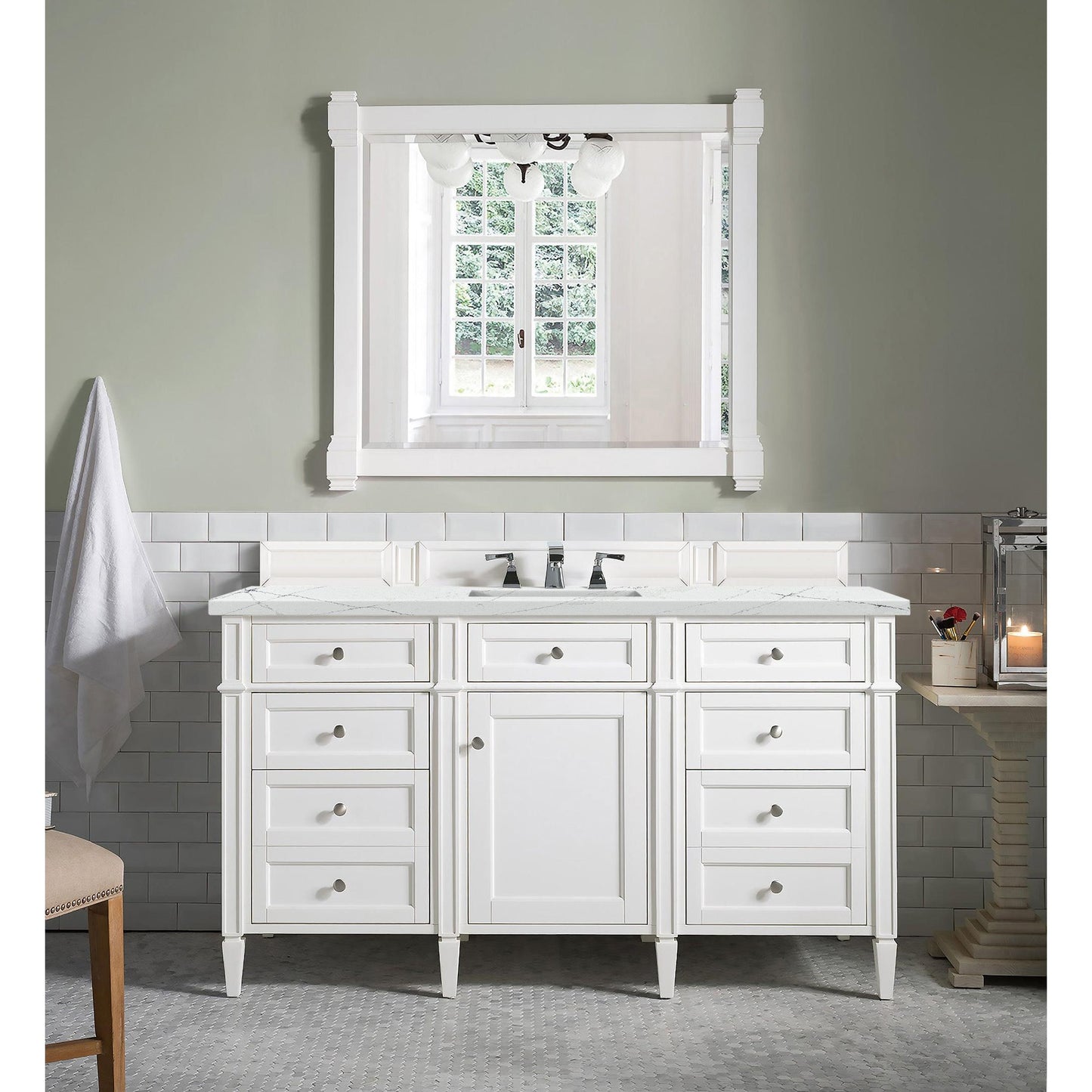 James Martin Vanities Brittany 60" Bright White Single Vanity With 3 cm Ethereal Noctis Silestone Top and FreePower Wireless Charger