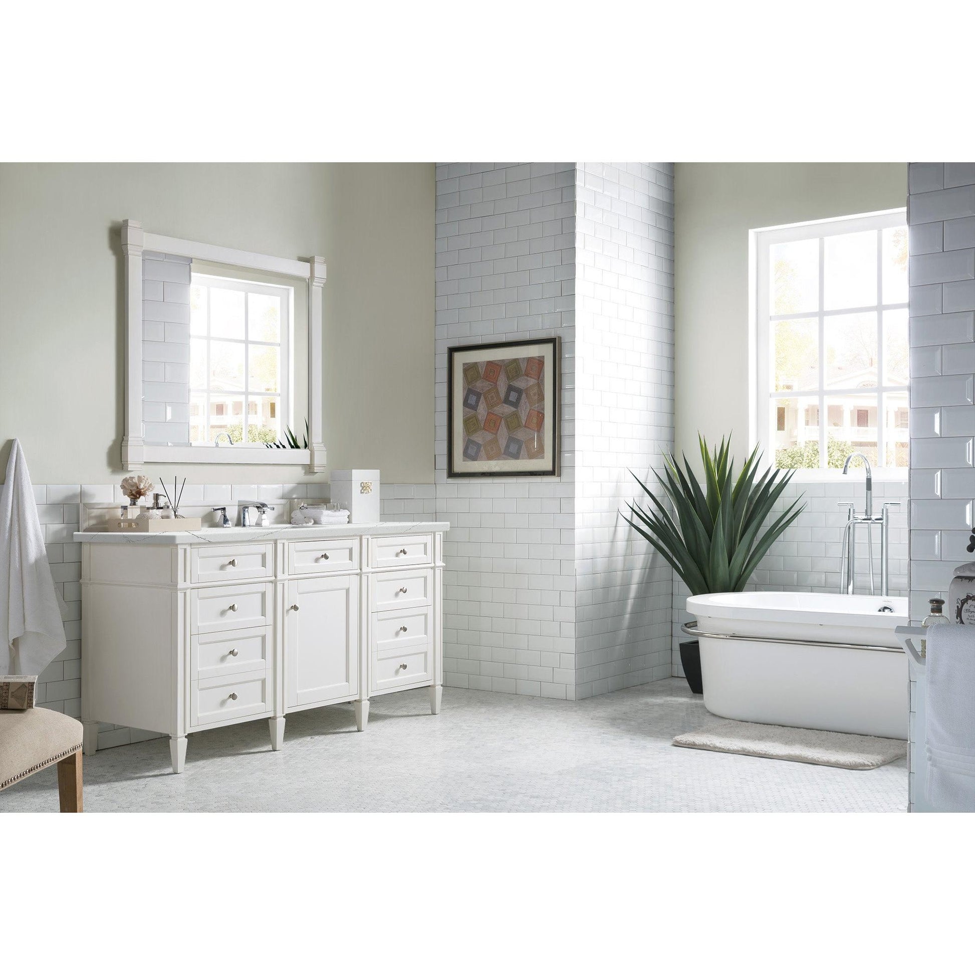 James Martin Vanities Brittany 60" Bright White Single Vanity With 3 cm Ethereal Noctis Silestone Top and FreePower Wireless Charger