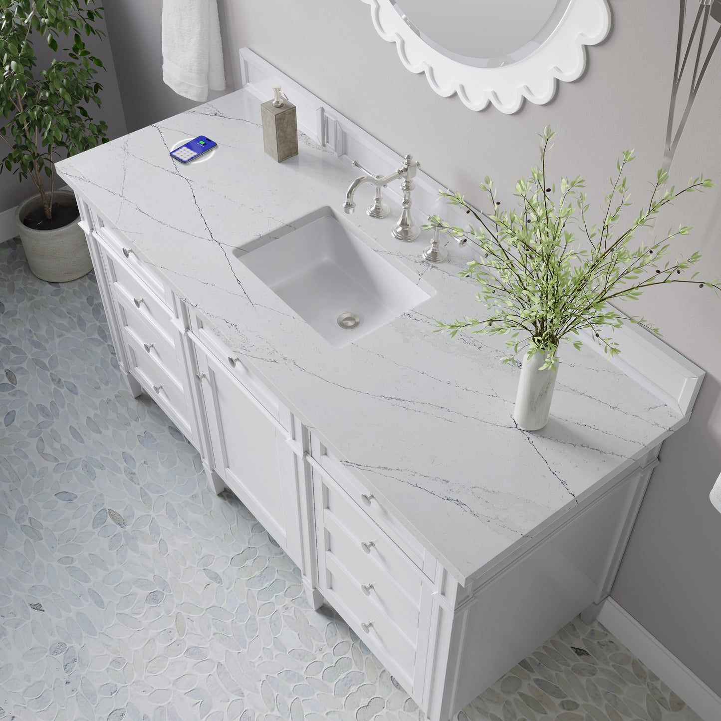 James Martin Vanities Brittany 60" Bright White Single Vanity With 3 cm Ethereal Noctis Silestone Top and FreePower Wireless Charger