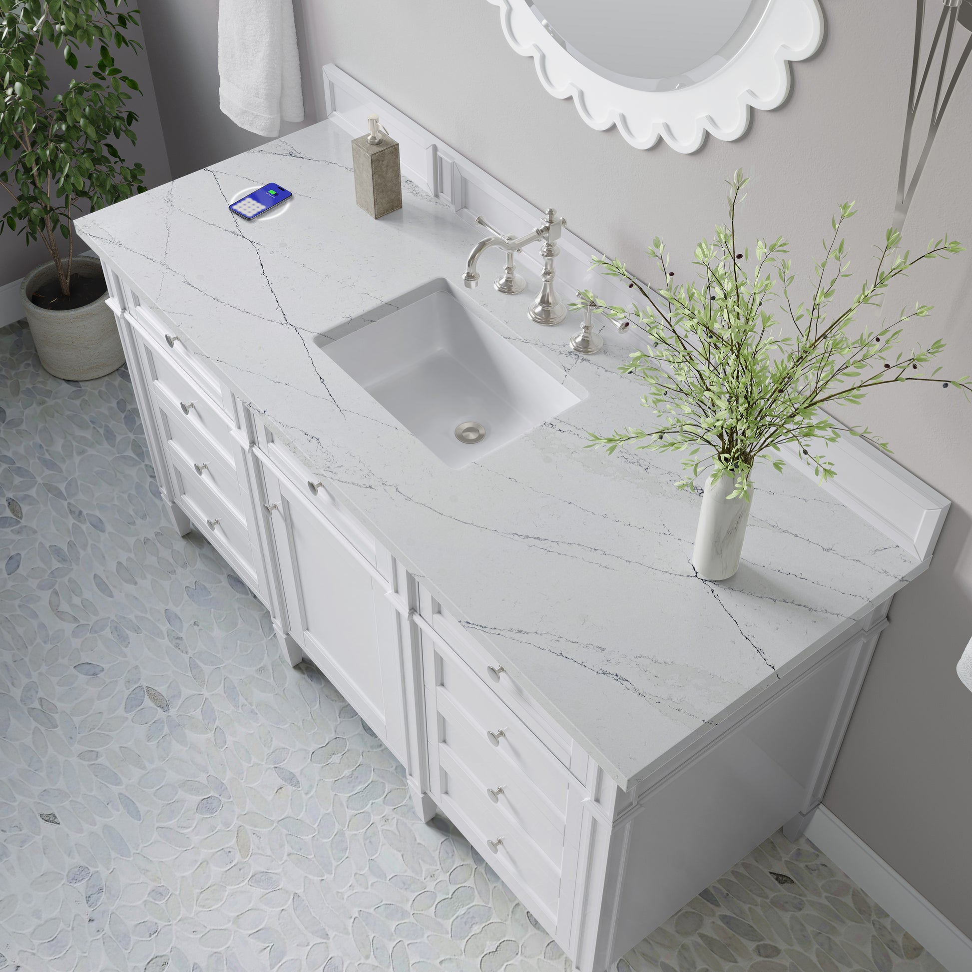 James Martin Vanities Brittany 60" Bright White Single Vanity With 3 cm Ethereal Noctis Silestone Top and FreePower Wireless Charger