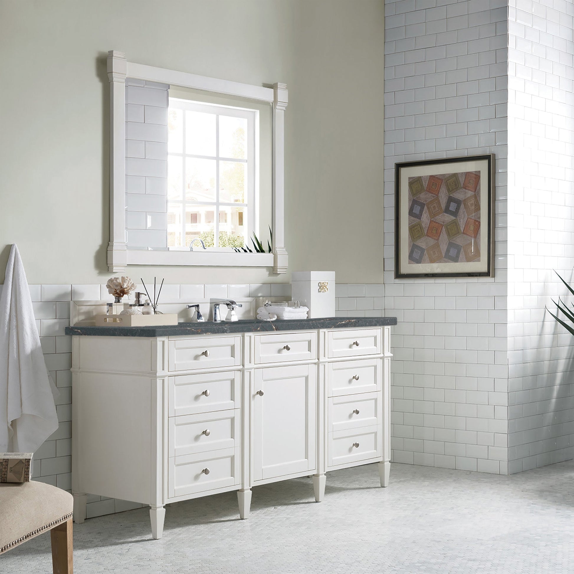 James Martin Vanities Brittany 60" Bright White Single Vanity With 3 cm Parisien Bleu Quartz Top