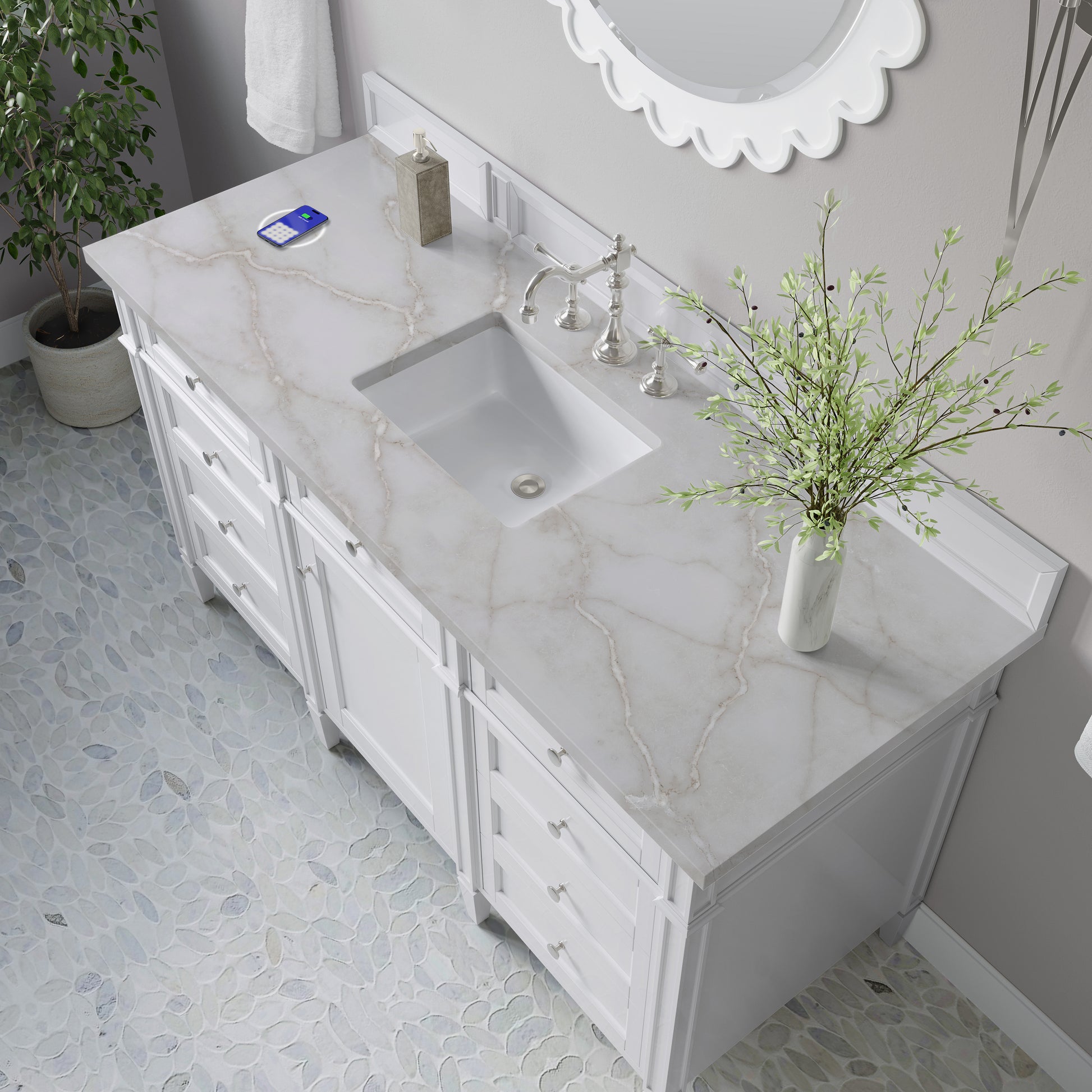 James Martin Vanities Brittany 60" Bright White Single Vanity With 3 cm Victorian Silver Silestone Top and FreePower Wireless Charger