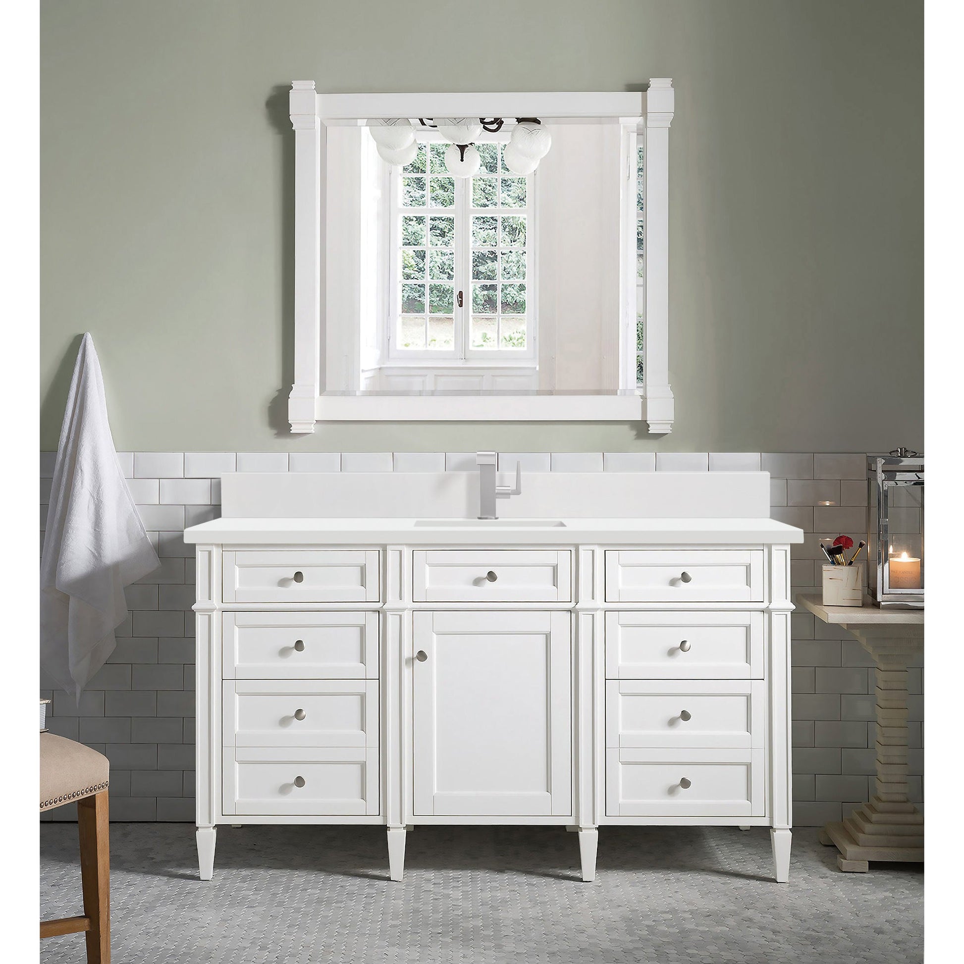 James Martin Vanities Brittany 60" Bright White Single Vanity With Single Hole 3 cm White Zeus Quartz Top & Backsplash