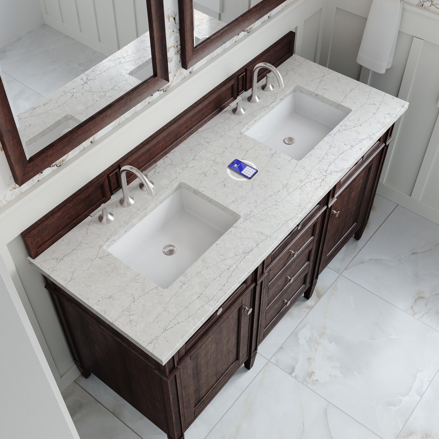 James Martin Vanities Brittany 60" Burnished Mahogany Double Vanity With 3 cm Eternal Jasmine Pearl Silestone Top and FreePower Wireless Charger