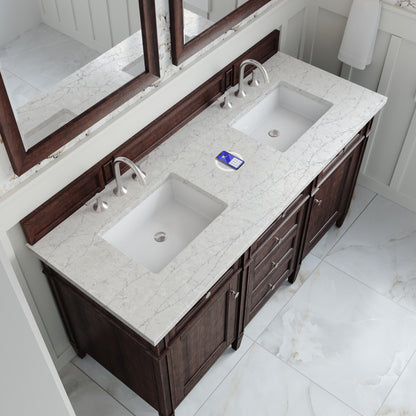 James Martin Vanities Brittany 60" Burnished Mahogany Double Vanity With 3 cm Eternal Jasmine Pearl Silestone Top and FreePower Wireless Charger