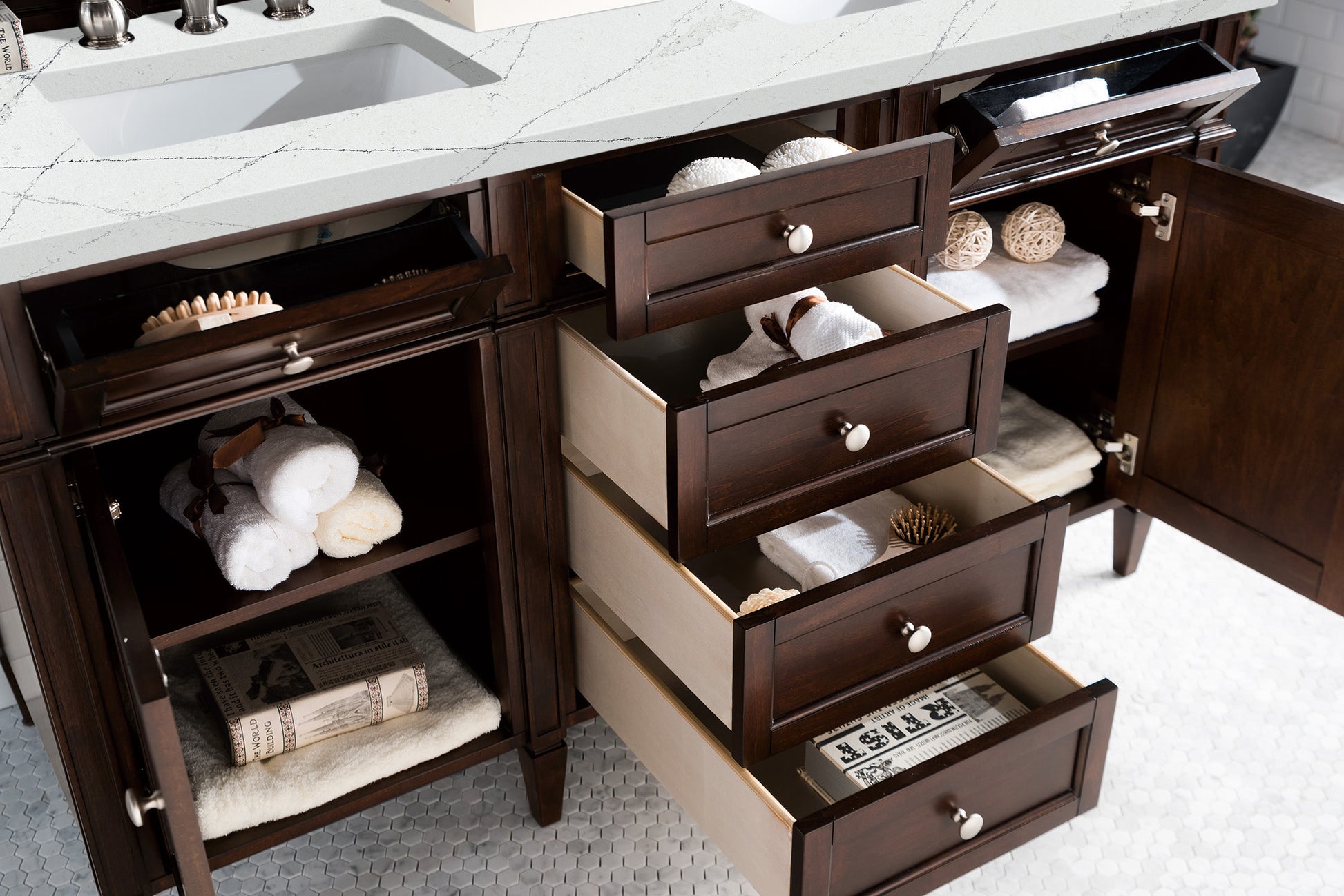 James Martin Vanities Brittany 60" Burnished Mahogany Double Vanity With 3 cm Ethereal Noctis Silestone Top and FreePower Wireless Charger