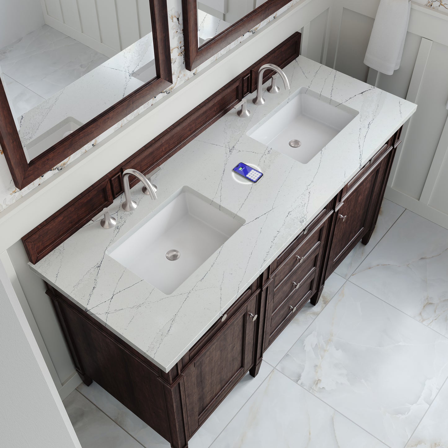 James Martin Vanities Brittany 60" Burnished Mahogany Double Vanity With 3 cm Ethereal Noctis Silestone Top and FreePower Wireless Charger