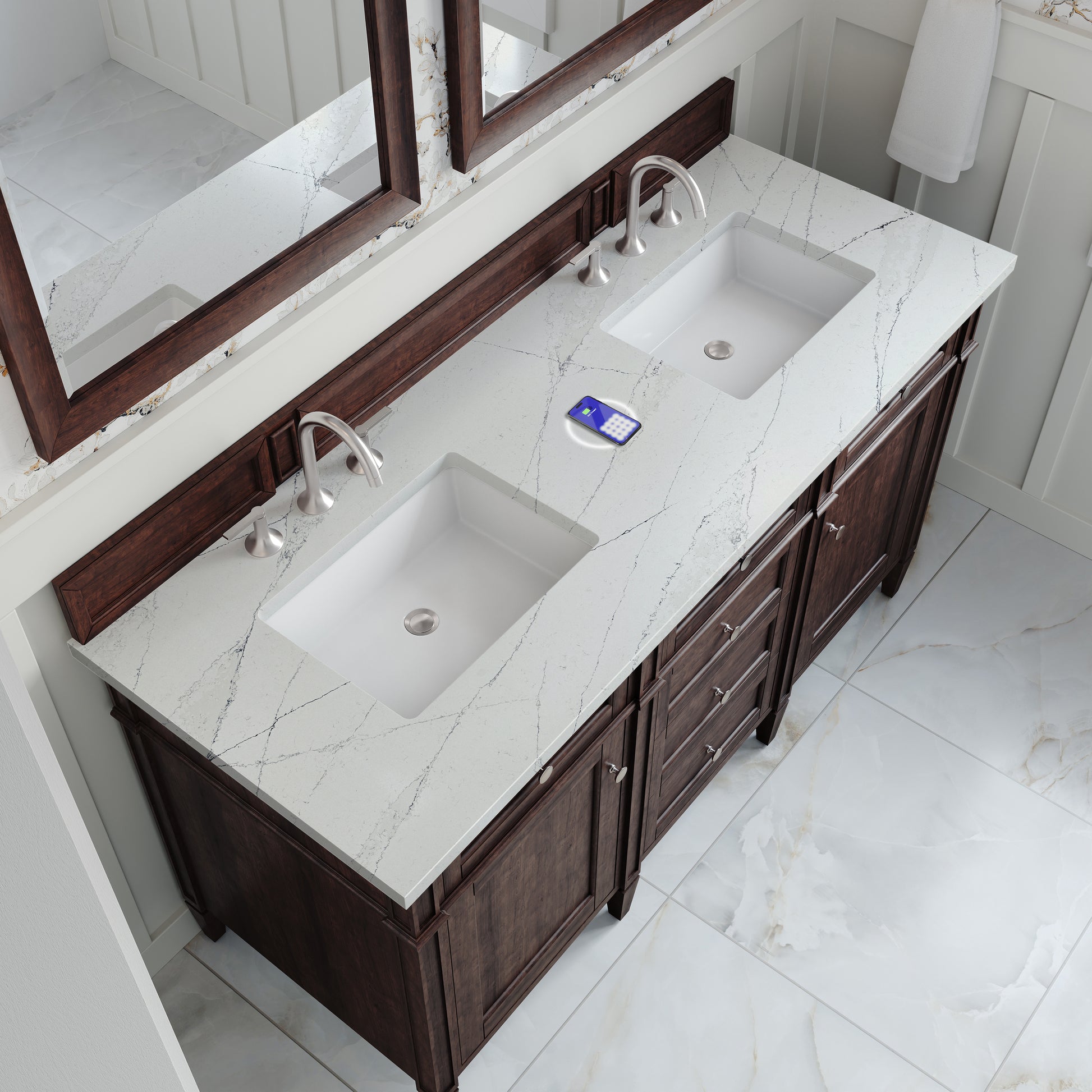 James Martin Vanities Brittany 60" Burnished Mahogany Double Vanity With 3 cm Ethereal Noctis Silestone Top and FreePower Wireless Charger