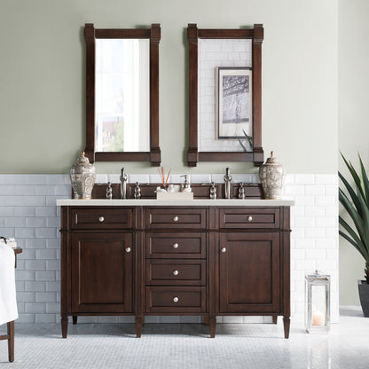 James Martin Vanities Brittany 60" Burnished Mahogany Double Vanity With 3 cm Lime Delight Quartz Top