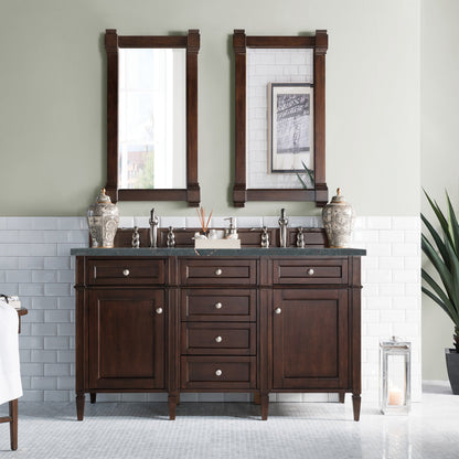 James Martin Vanities Brittany 60" Burnished Mahogany Double Vanity With 3 cm Parisien Bleu Quartz Top