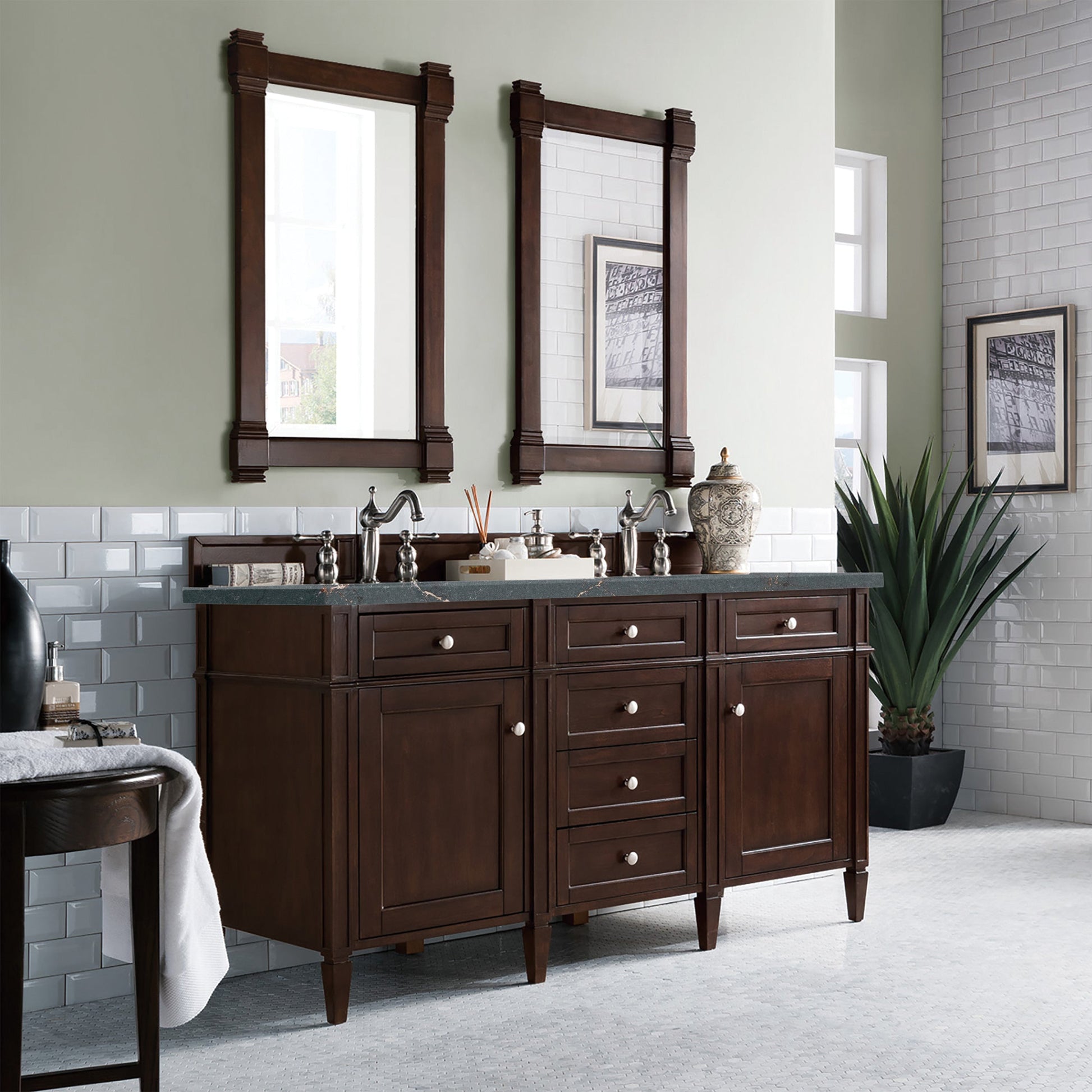 James Martin Vanities Brittany 60" Burnished Mahogany Double Vanity With 3 cm Parisien Bleu Quartz Top