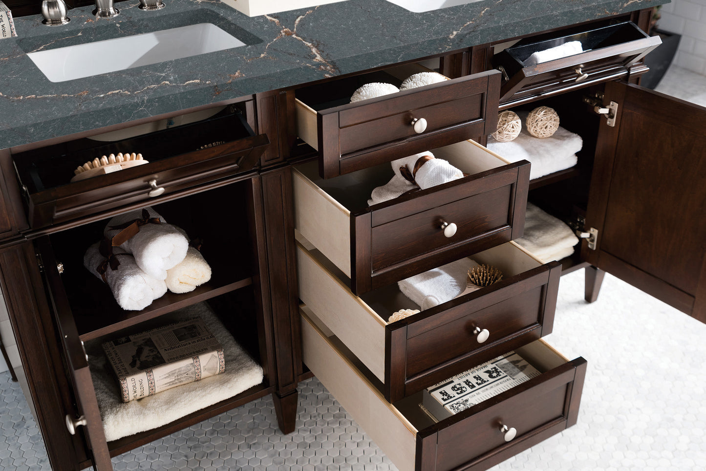 James Martin Vanities Brittany 60" Burnished Mahogany Double Vanity With 3 cm Parisien Bleu Silestone Top and FreePower Wireless Charger