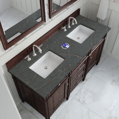 James Martin Vanities Brittany 60" Burnished Mahogany Double Vanity With 3 cm Parisien Bleu Silestone Top and FreePower Wireless Charger