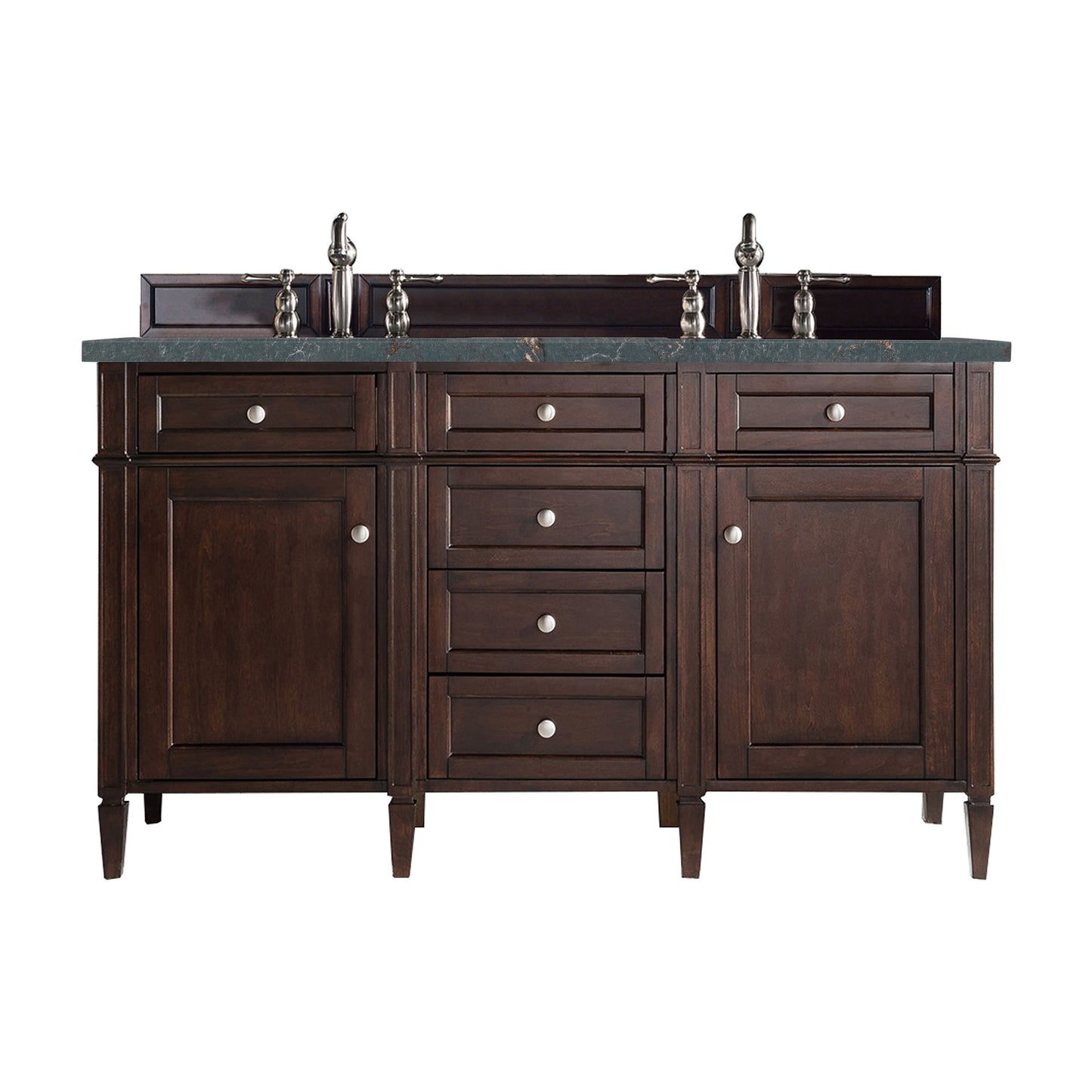 James Martin Vanities Brittany 60" Burnished Mahogany Double Vanity With 3 cm Parisien Bleu Silestone Top and FreePower Wireless Charger