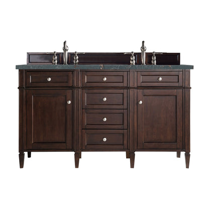 James Martin Vanities Brittany 60" Burnished Mahogany Double Vanity With 3 cm Parisien Bleu Silestone Top and FreePower Wireless Charger