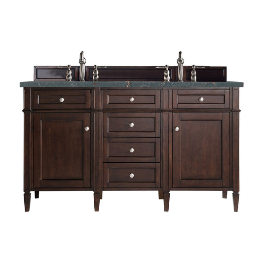 James Martin Vanities Brittany 60" Burnished Mahogany Double Vanity With 3 cm Parisien Bleu Silestone Top and FreePower Wireless Charger