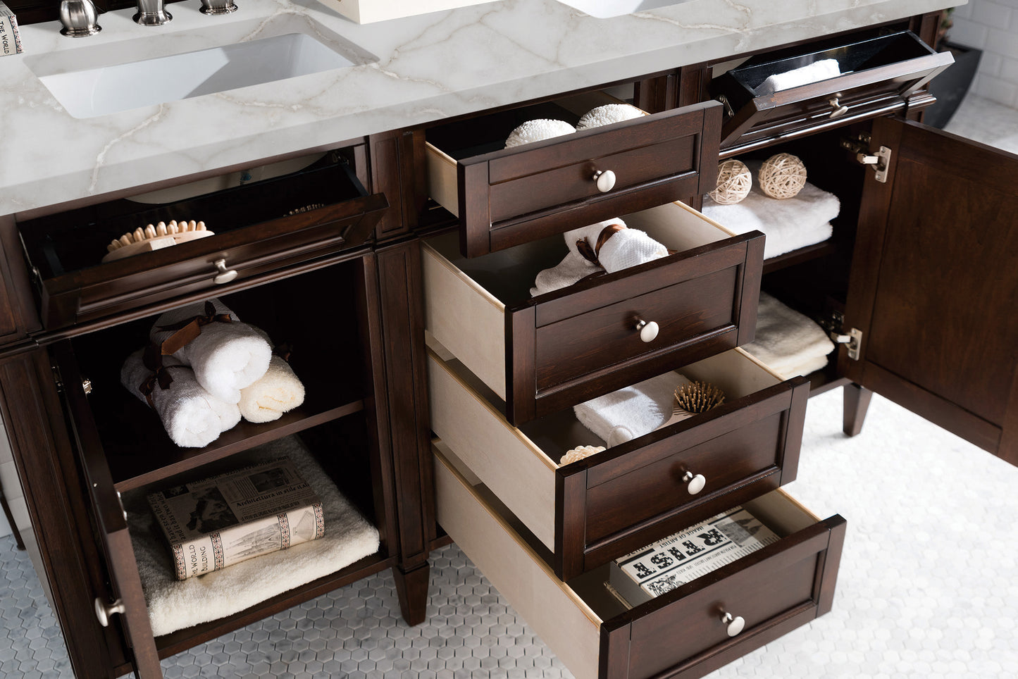 James Martin Vanities Brittany 60" Burnished Mahogany Double Vanity With 3 cm Victorian Silver Silestone Top and FreePower Wireless Charger