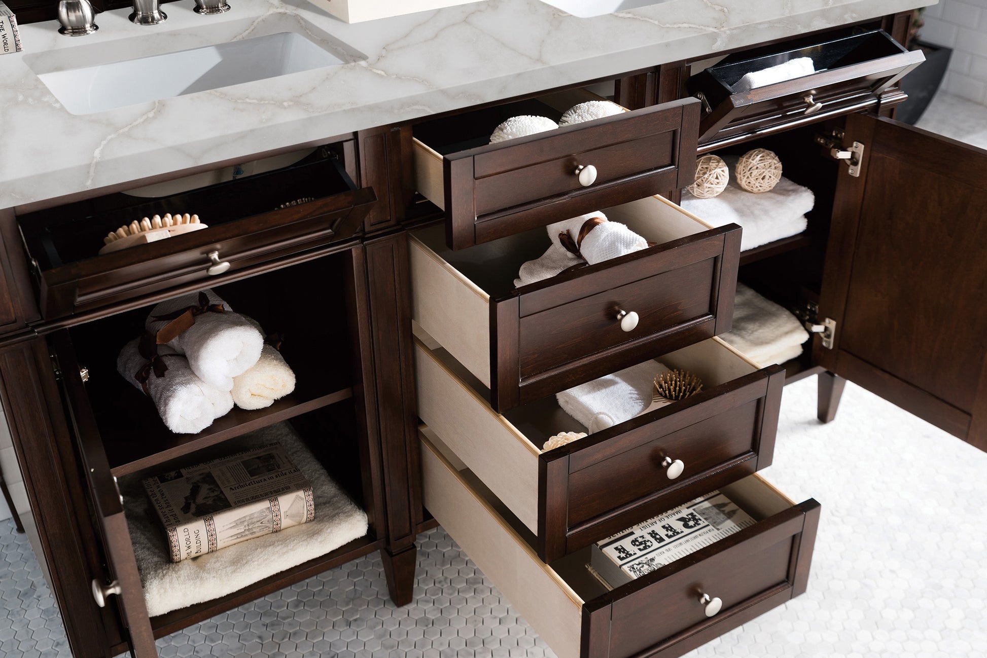 James Martin Vanities Brittany 60" Burnished Mahogany Double Vanity With 3 cm Victorian Silver Silestone Top and FreePower Wireless Charger