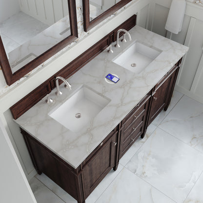 James Martin Vanities Brittany 60" Burnished Mahogany Double Vanity With 3 cm Victorian Silver Silestone Top and FreePower Wireless Charger