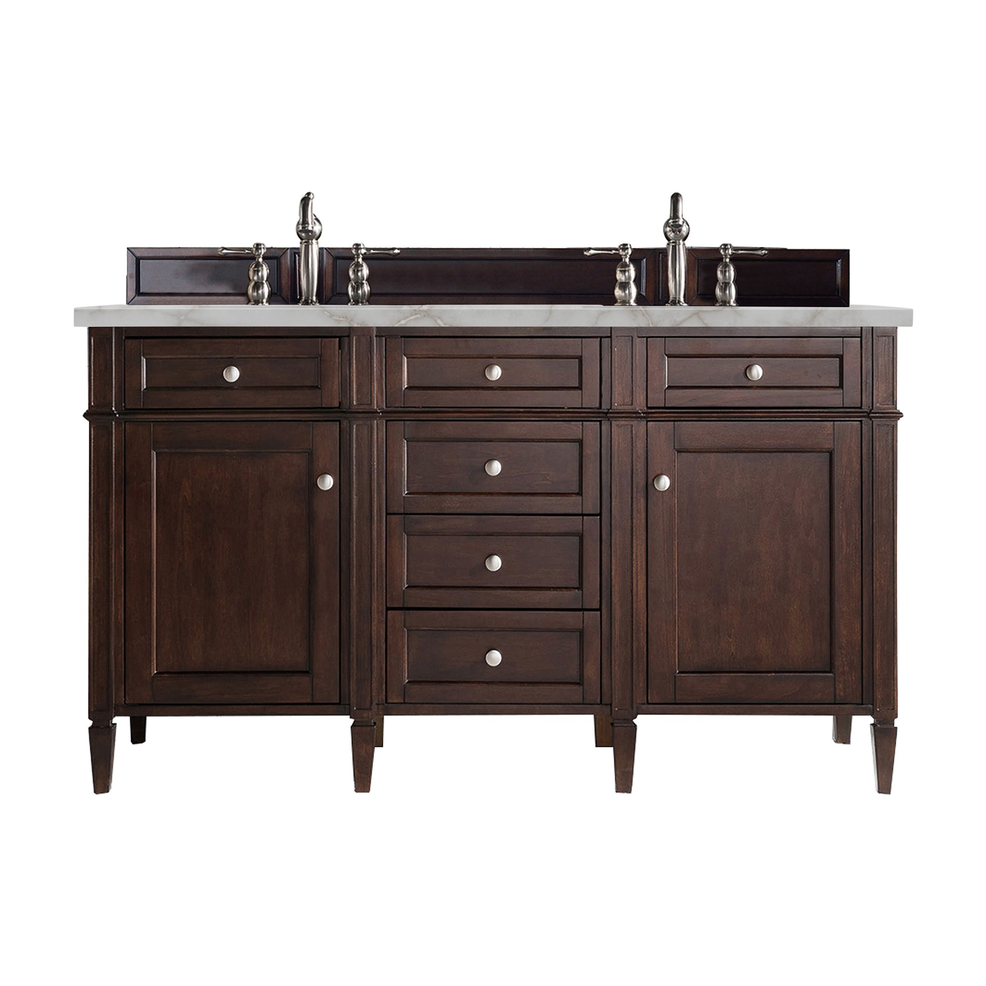James Martin Vanities Brittany 60" Burnished Mahogany Double Vanity With 3 cm Victorian Silver Silestone Top and FreePower Wireless Charger