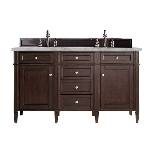 James Martin Vanities Brittany 60" Burnished Mahogany Double Vanity With 3 cm Victorian Silver Silestone Top and FreePower Wireless Charger