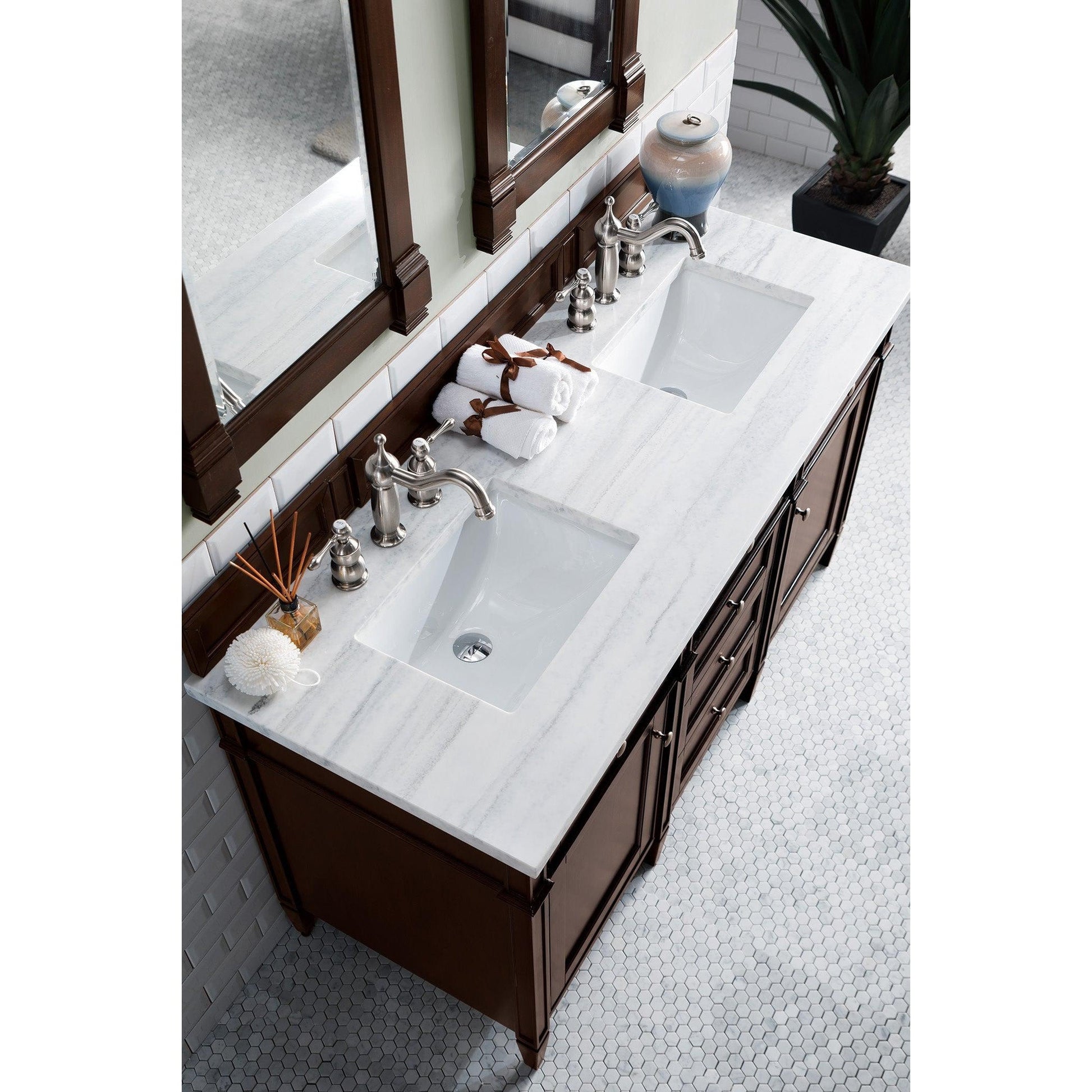 James Martin Vanities Brittany 60" Burnished Mahogany Double Vanity With 3cm Arctic Fall Solid Surface Top