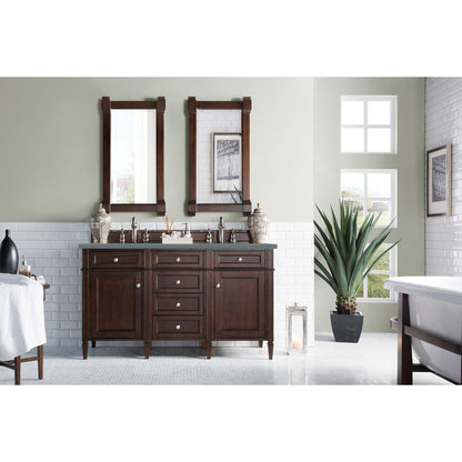 James Martin Vanities Brittany 60" Burnished Mahogany Double Vanity With 3cm Cala Blue Quartz Top