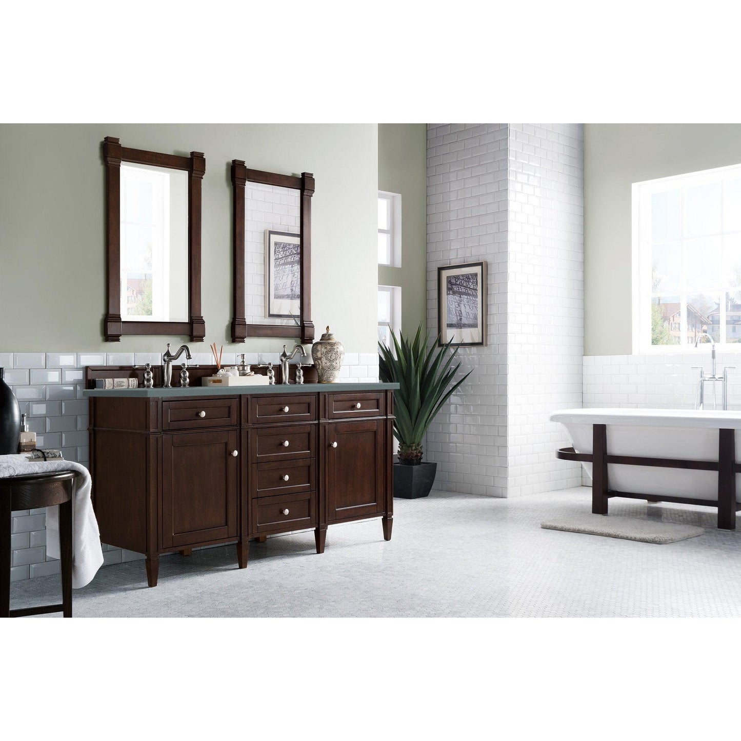 James Martin Vanities Brittany 60" Burnished Mahogany Double Vanity With 3cm Cala Blue Quartz Top