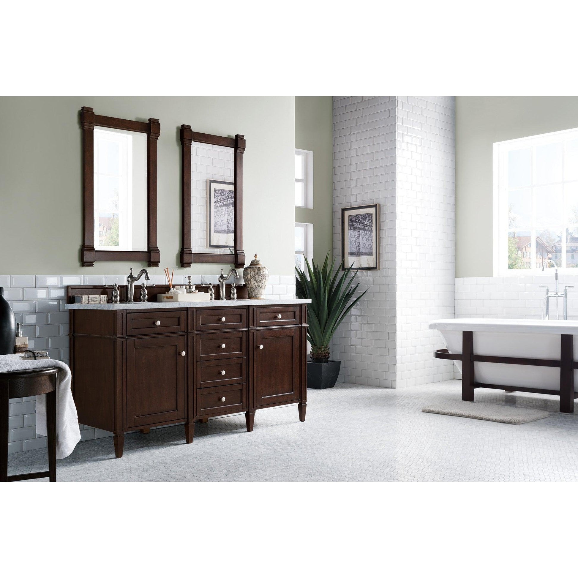 James Martin Vanities Brittany 60" Burnished Mahogany Double Vanity With 3cm Carrara Marble Top