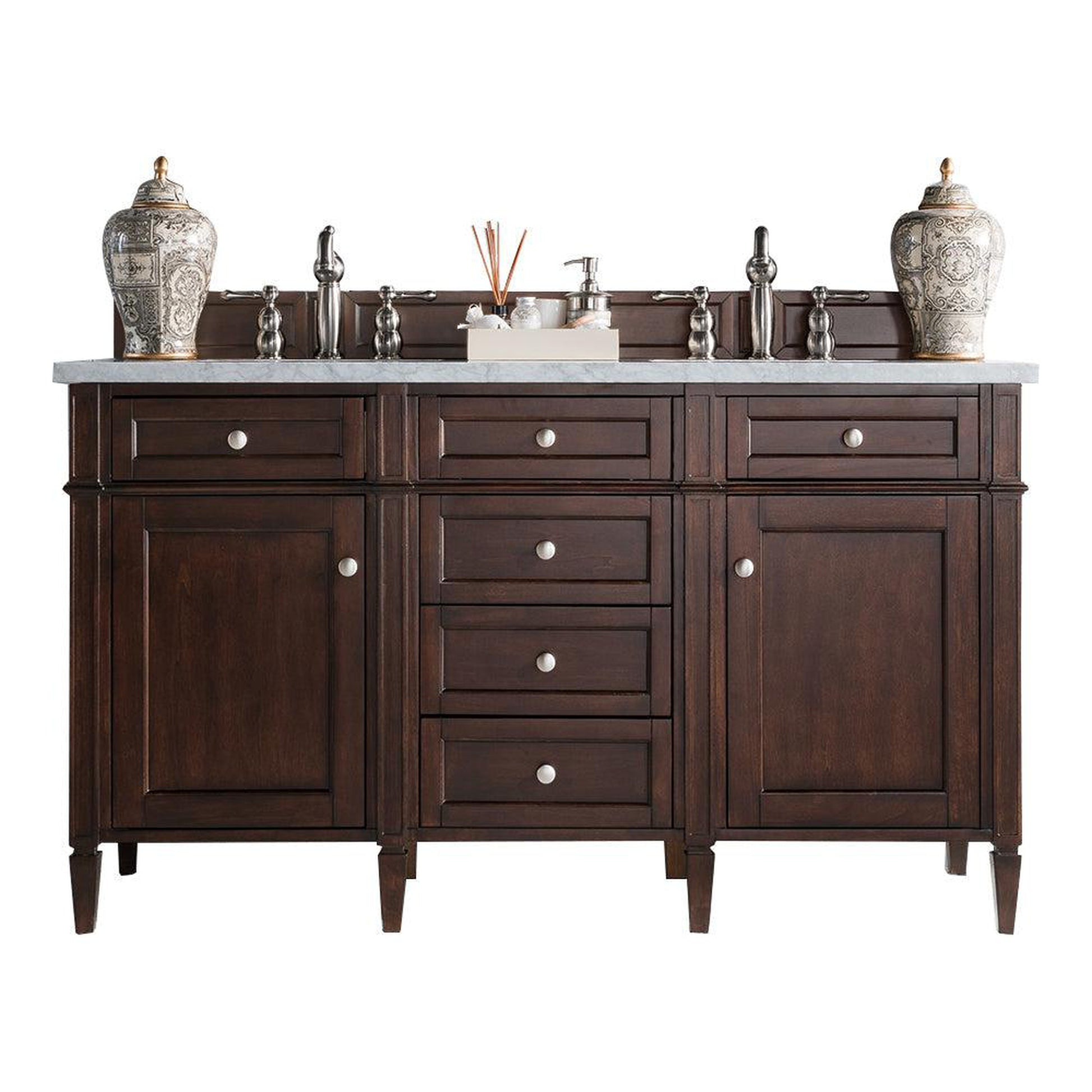 James Martin Vanities Brittany 60" Burnished Mahogany Double Vanity With 3cm Carrara Marble Top