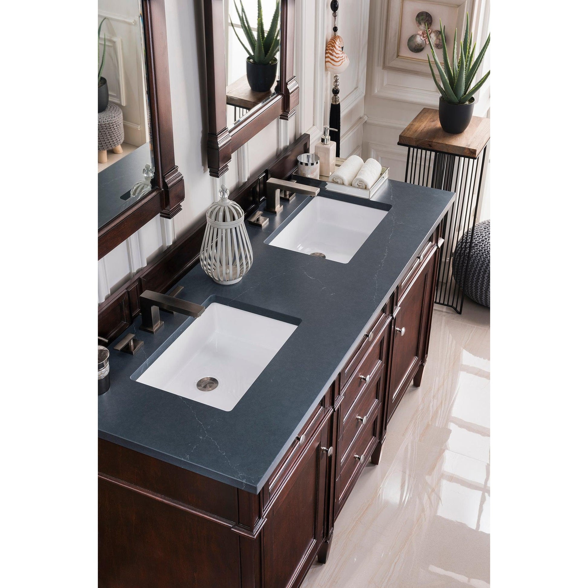 James Martin Vanities Brittany 60" Burnished Mahogany Double Vanity With 3cm Charcoal Soapstone Quartz Top