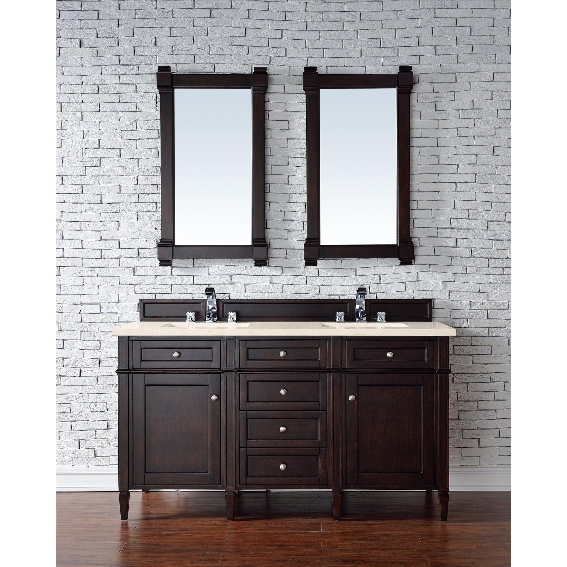 James Martin Vanities Brittany 60" Burnished Mahogany Double Vanity With 3cm Eternal Marfil Quartz Top