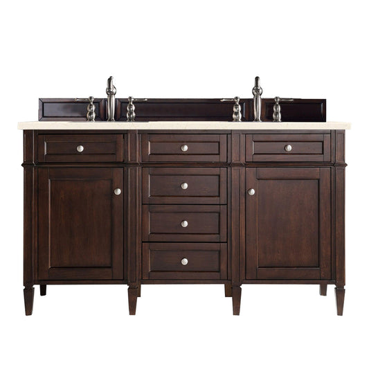James Martin Vanities Brittany 60" Burnished Mahogany Double Vanity With 3cm Eternal Marfil Quartz Top