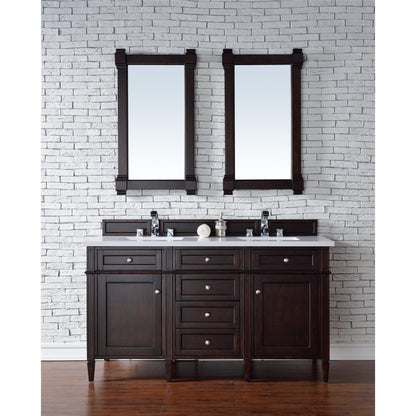 James Martin Vanities Brittany 60" Burnished Mahogany Double Vanity With 3cm White Zeus Quartz Top