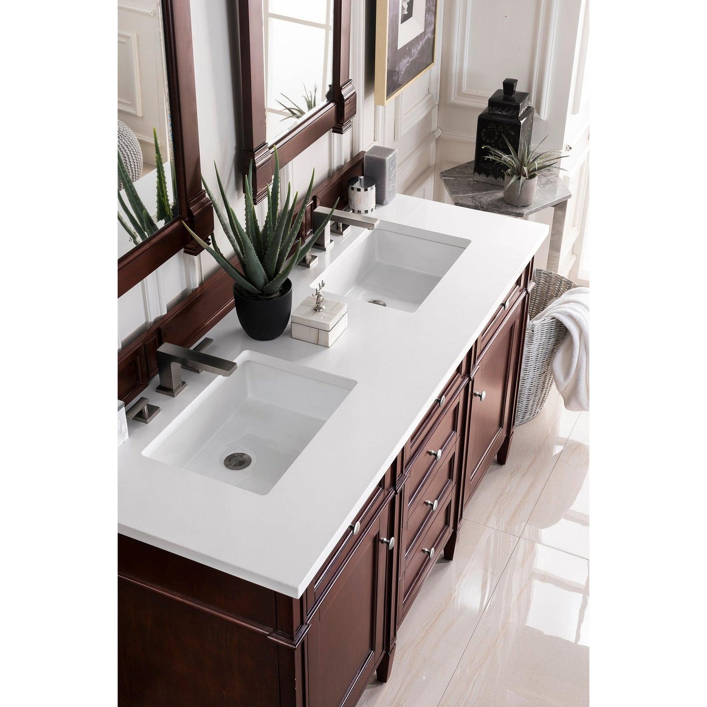 James Martin Vanities Brittany 60" Burnished Mahogany Double Vanity With 3cm White Zeus Quartz Top