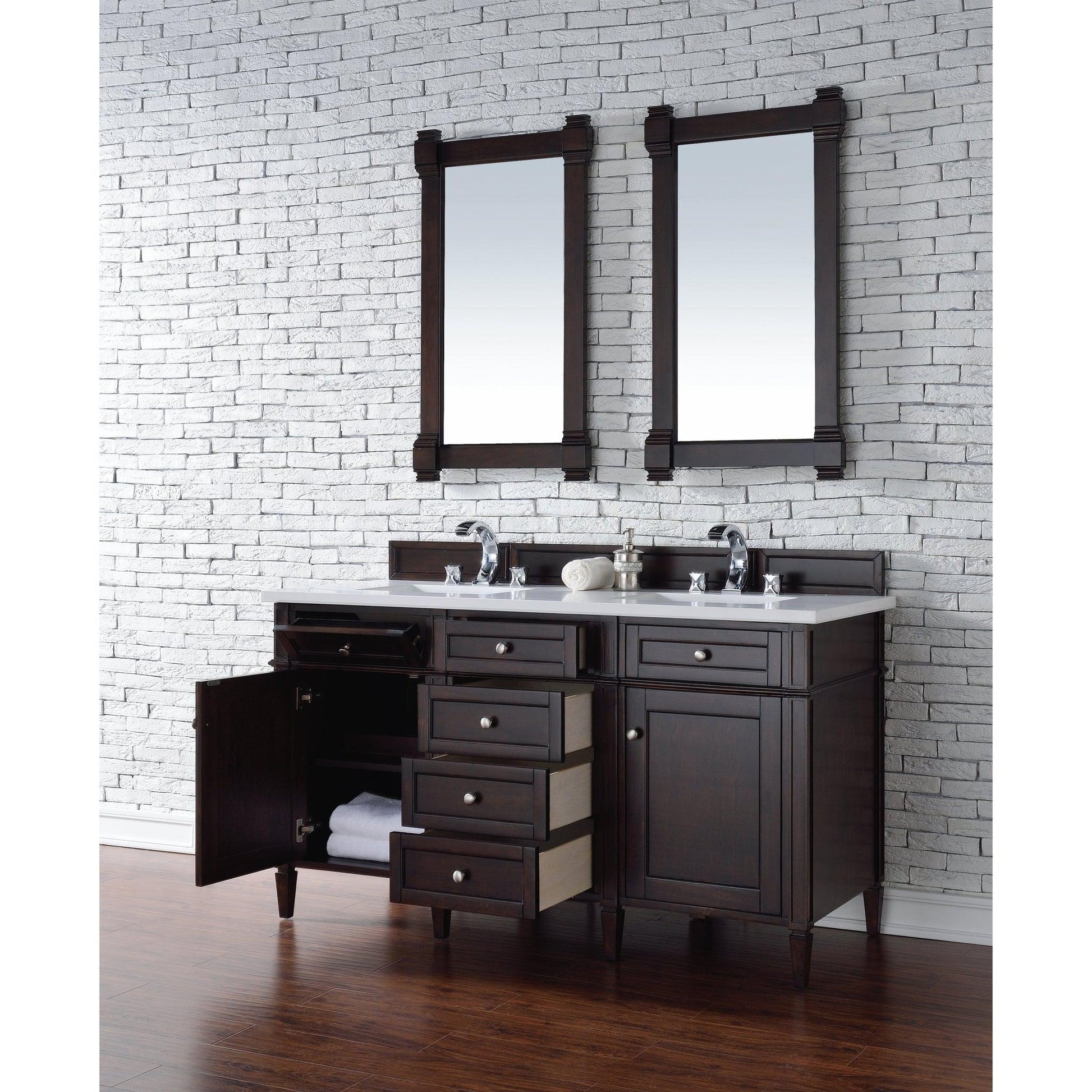 James Martin Vanities Brittany 60" Burnished Mahogany Double Vanity With 3cm White Zeus Quartz Top