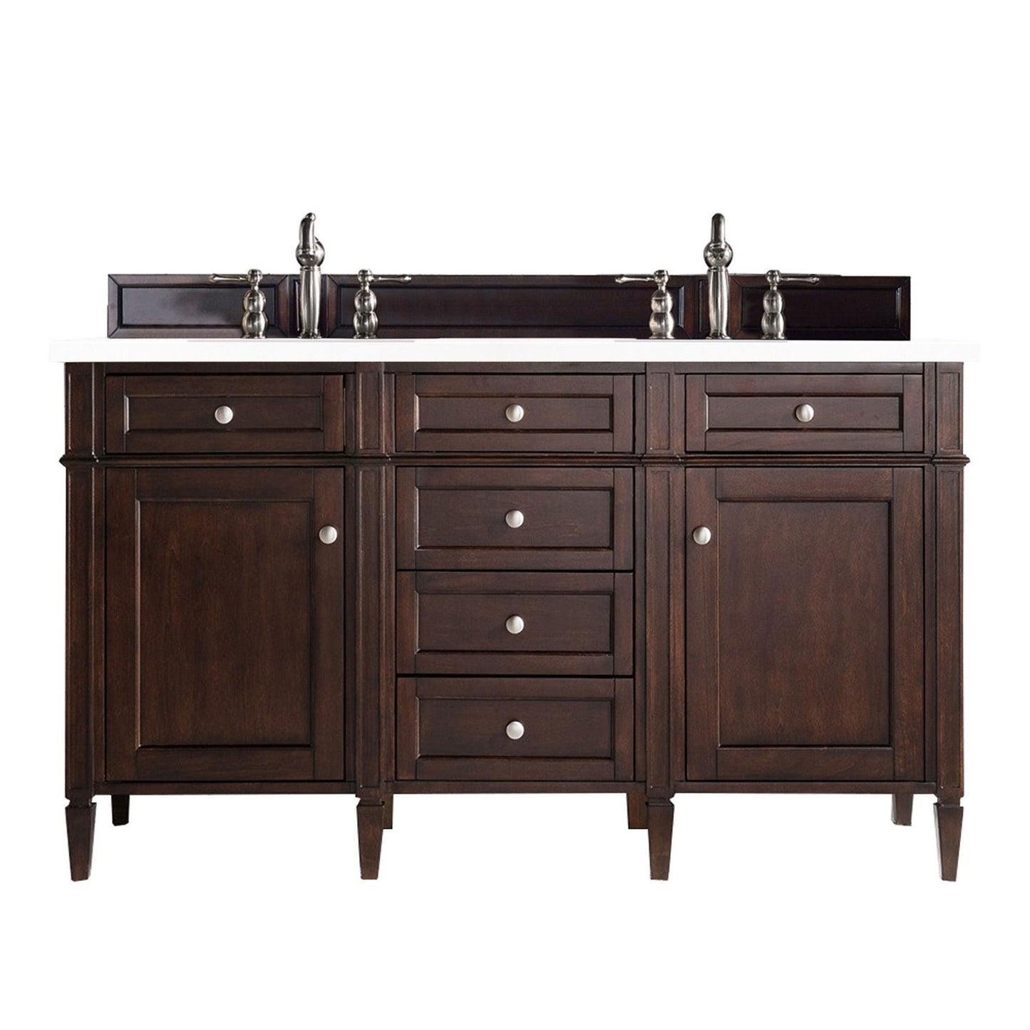 James Martin Vanities Brittany 60" Burnished Mahogany Double Vanity With 3cm White Zeus Quartz Top