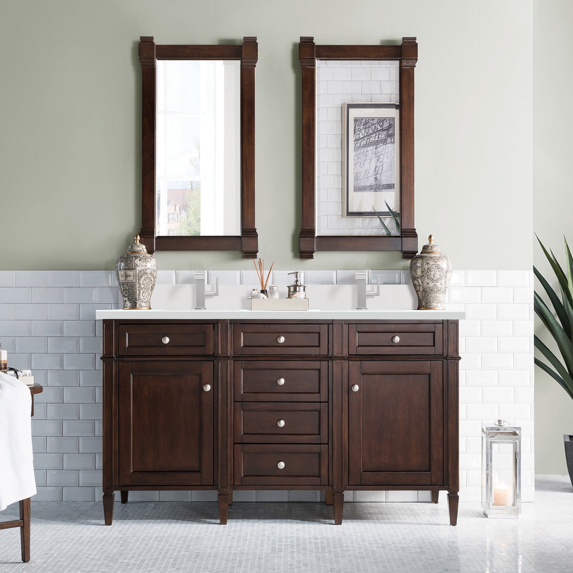 James Martin Vanities Brittany 60" Burnished Mahogany Double Vanity With Single Hole 3 cm White Zeus Quartz Top & Backsplash