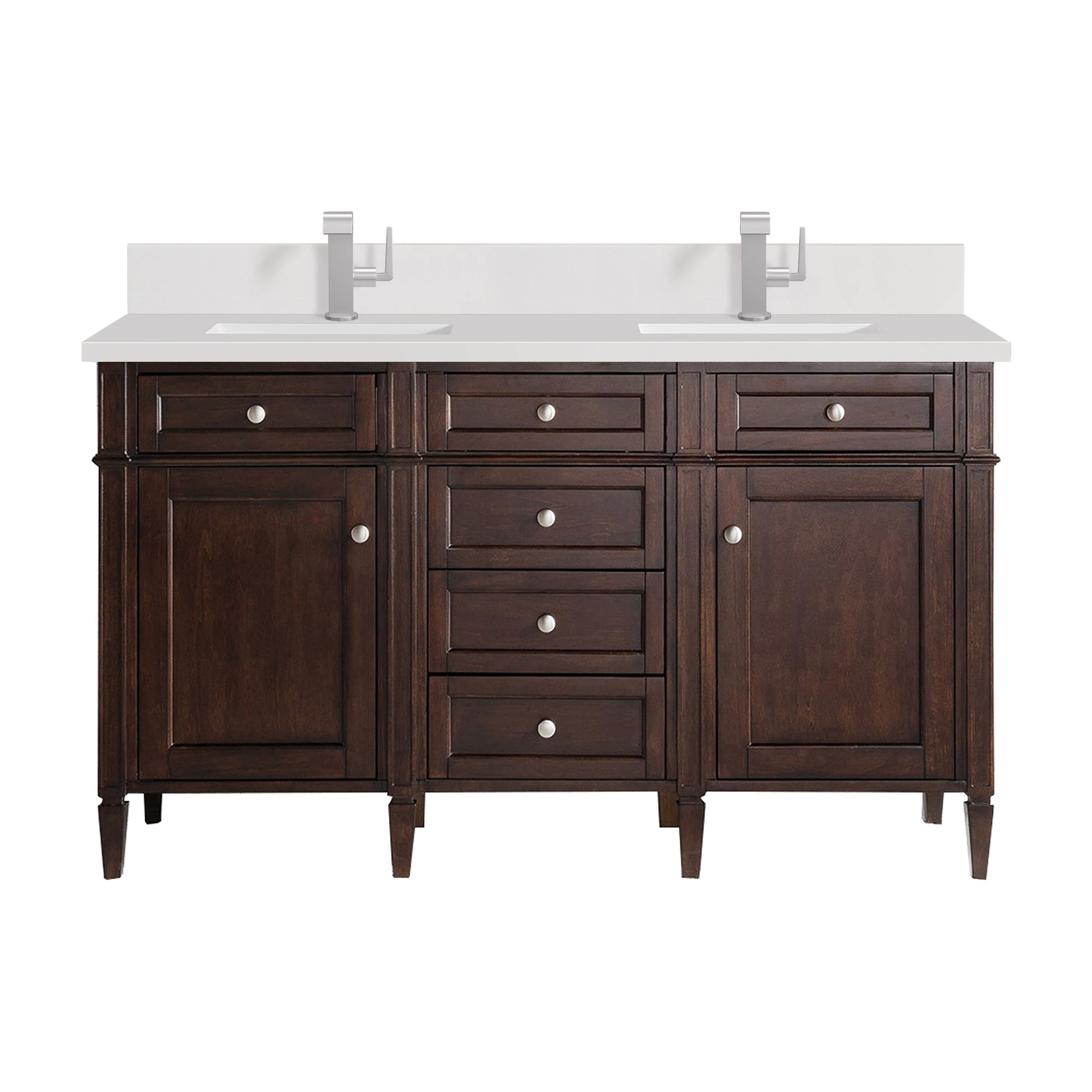 James Martin Vanities Brittany 60" Burnished Mahogany Double Vanity With Single Hole 3 cm White Zeus Quartz Top & Backsplash