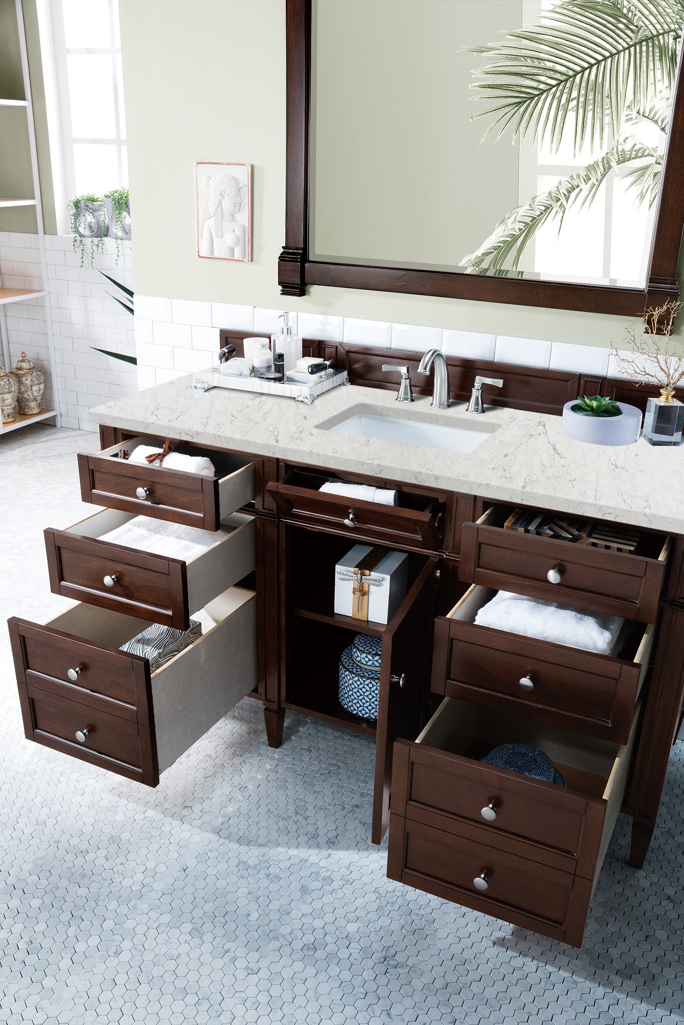 James Martin Vanities Brittany 60" Burnished Mahogany Single Vanity With 3 cm Eternal Jasmine Pearl Silestone Top and FreePower Wireless Charger