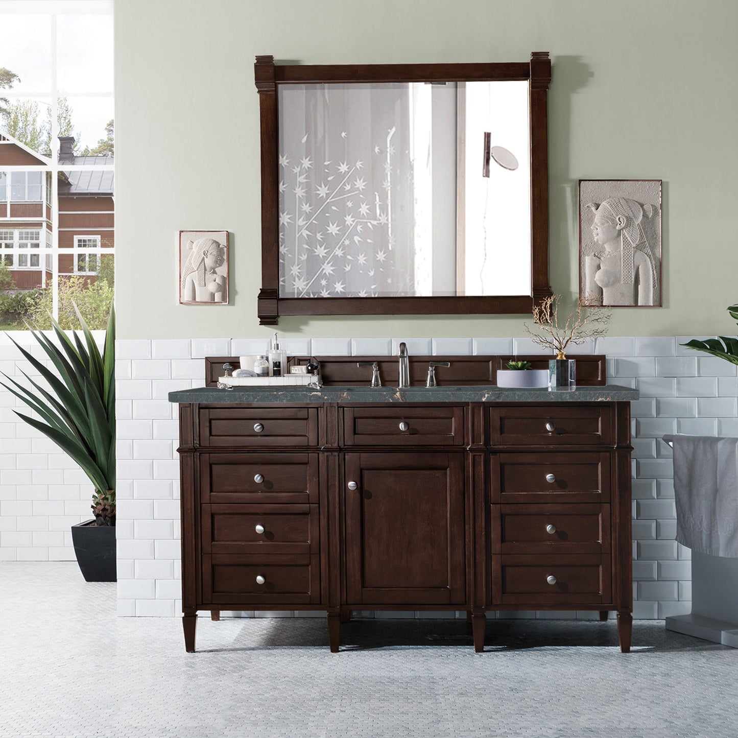 James Martin Vanities Brittany 60" Burnished Mahogany Single Vanity With 3 cm Parisien Bleu Quartz Top