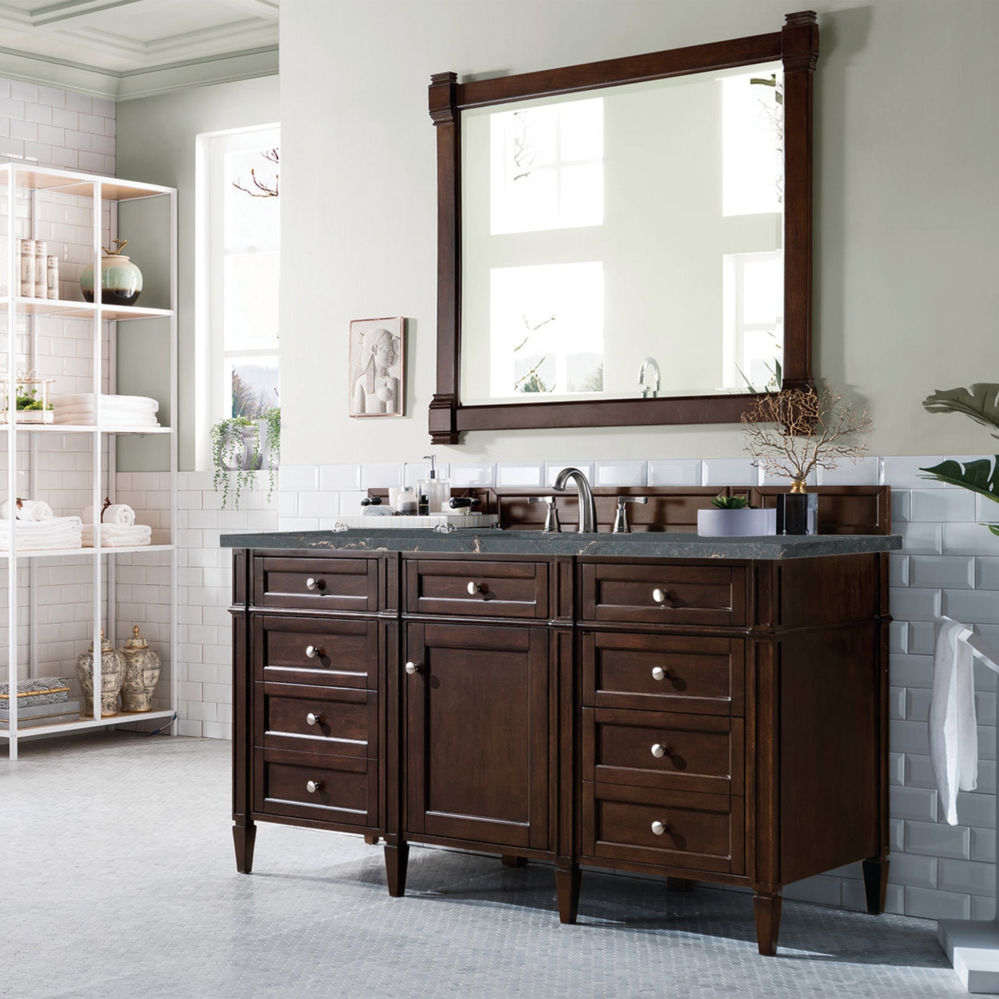 James Martin Vanities Brittany 60" Burnished Mahogany Single Vanity With 3 cm Parisien Bleu Quartz Top