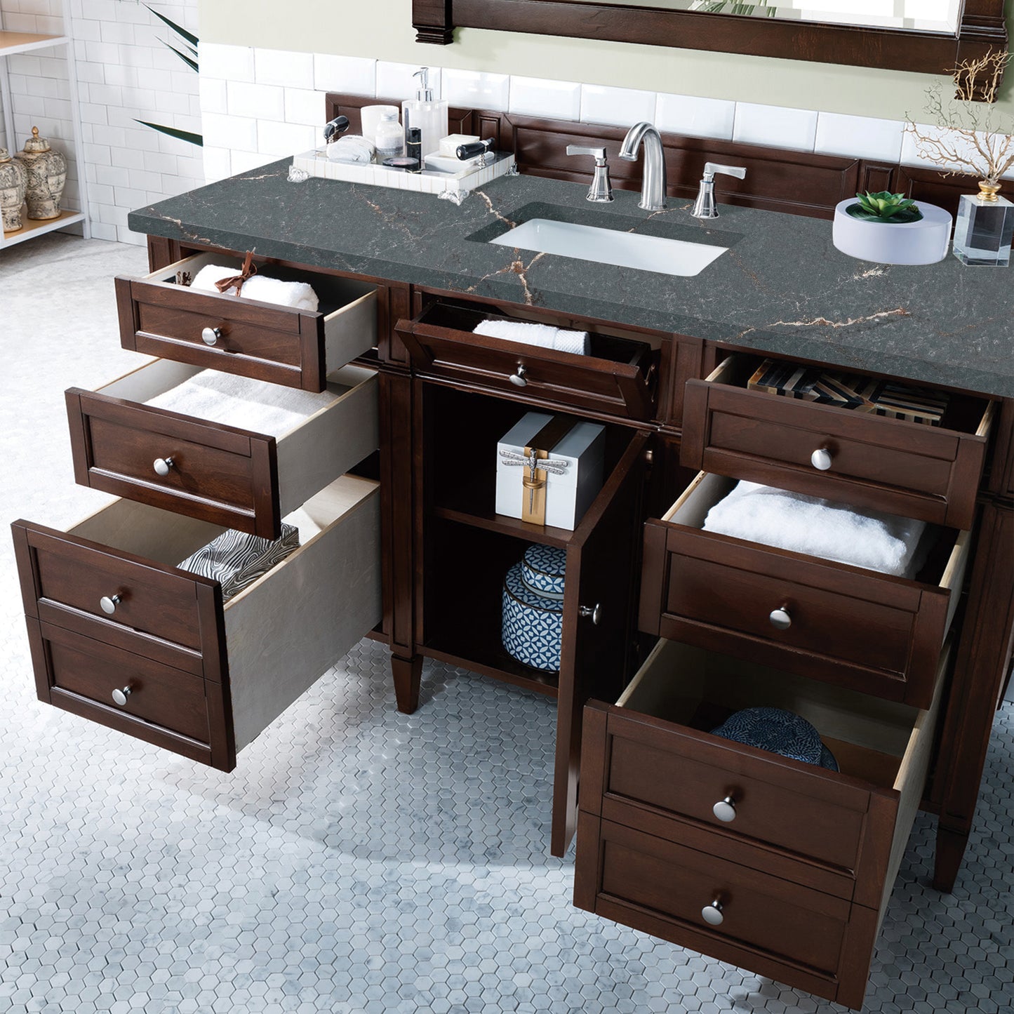 James Martin Vanities Brittany 60" Burnished Mahogany Single Vanity With 3 cm Parisien Bleu Silestone Top and FreePower Wireless Charger